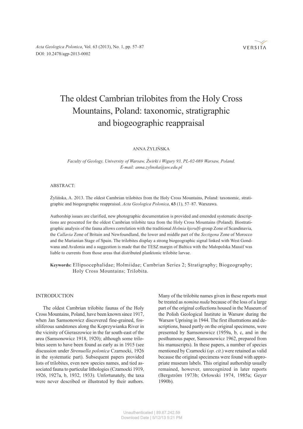 The Oldest Cambrian Trilobites from the Holy Cross Mountains, Poland: Taxonomic, Stratigraphic and Biogeographic Reappraisal