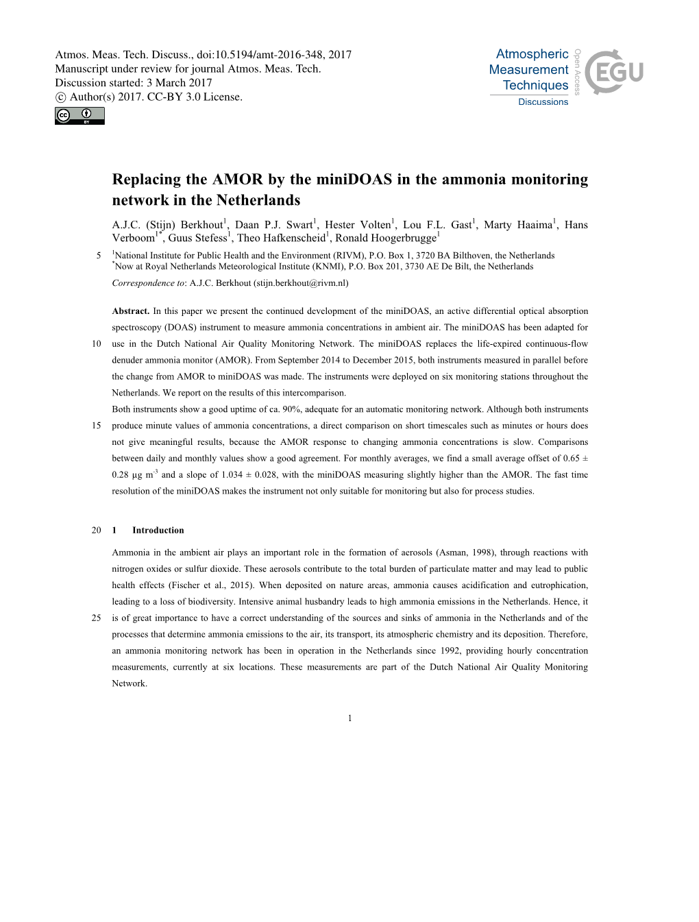 Replacing the AMOR by the Minidoas in the Ammonia Monitoring Network in the Netherlands A.J.C