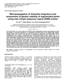 Micropropagation of Anisodus Tanguticus and Assessment of Genetic Stability of Regenerated Plants Using Inter Simple Sequence Repeat (ISSR) Marker