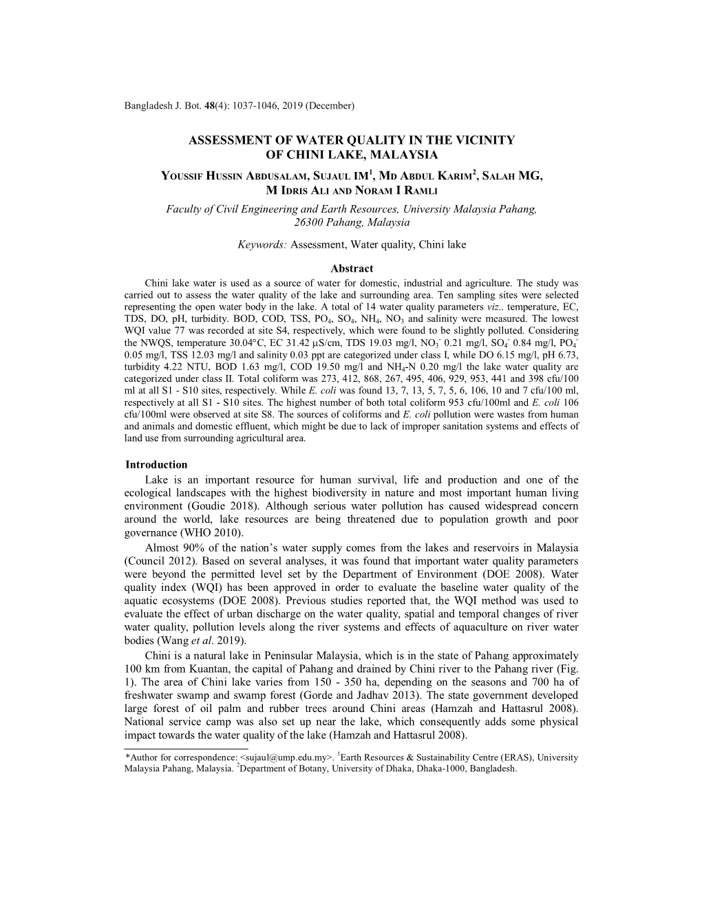 Assessment of Water Quality in the Vicinity of Chini Lake, Malaysia