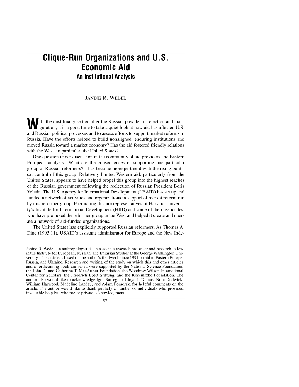 Clique-Run Organizations and U.S. Economic Aid an Institutional Analysis