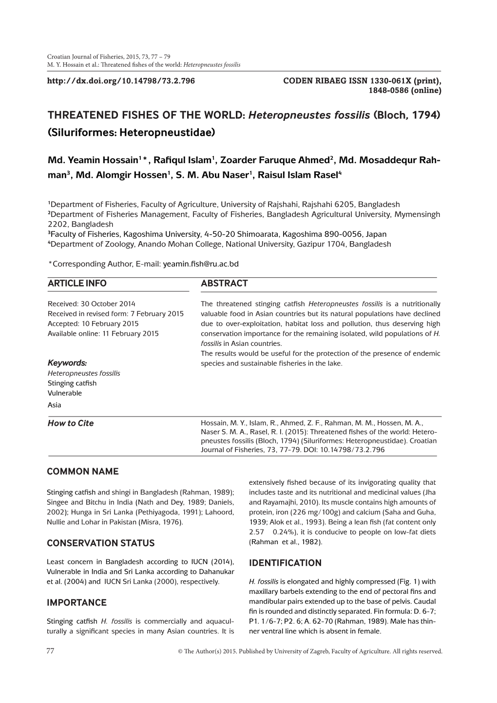 THREATENED FISHES of the WORLD: Heteropneustes Fossilis (Bloch, 1794) (Siluriformes: Heteropneustidae)