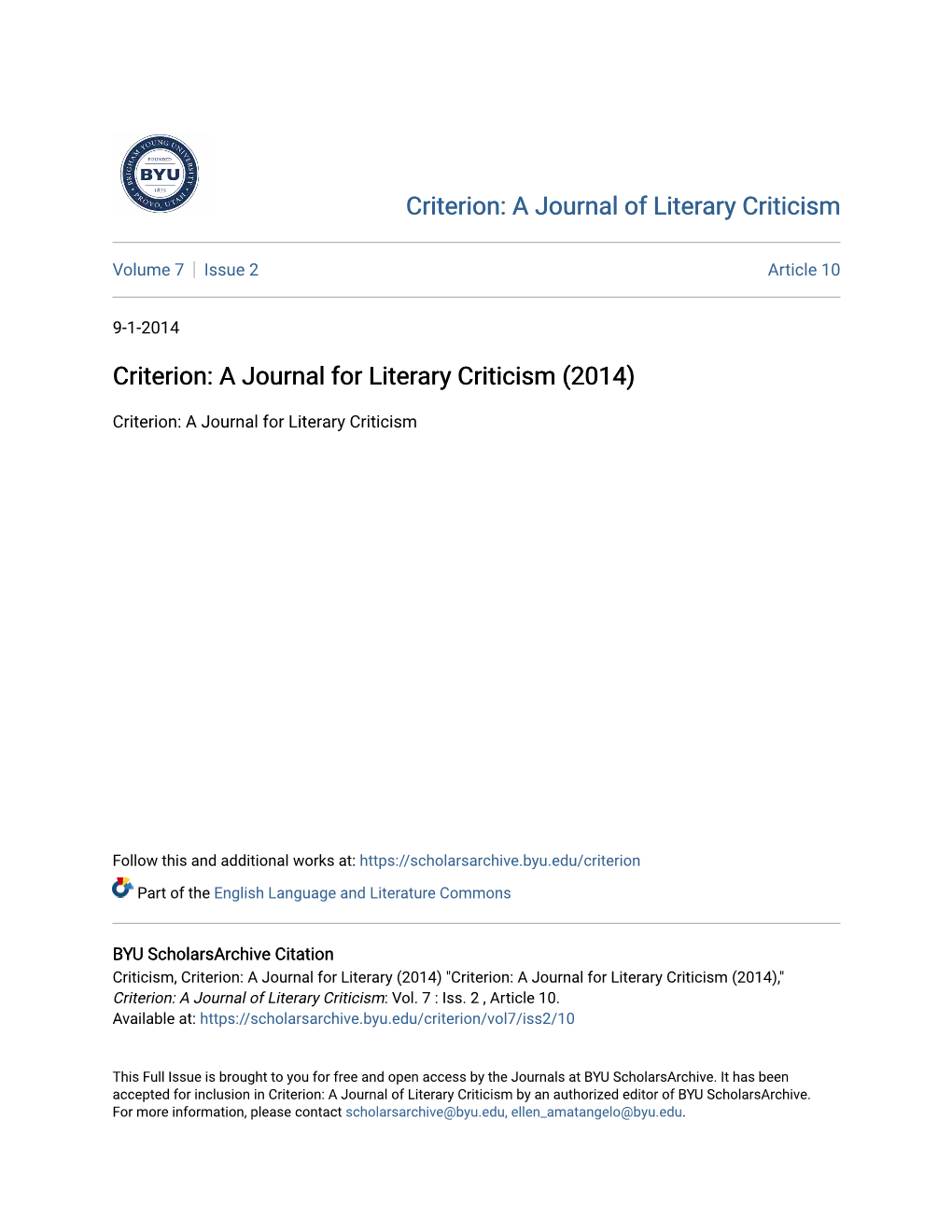 Criterion: a Journal for Literary Criticism (2014)