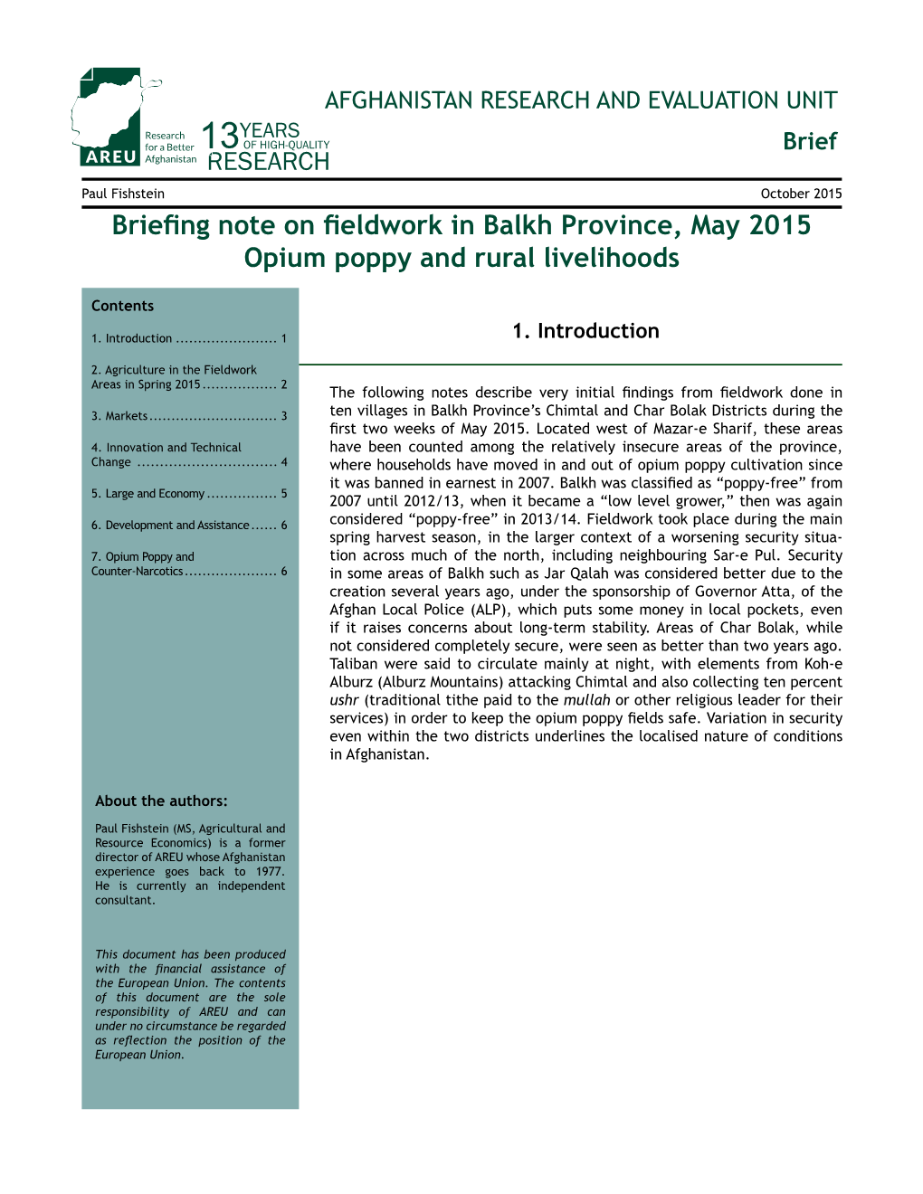Briefing Note on Fieldwork in Balkh Province, May 2015 Opium Poppy and Rural Livelihoods