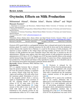 Oxytocin; Effects on Milk Production