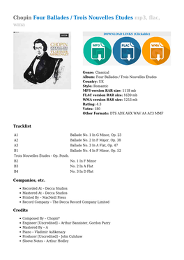 Chopin Four Ballades / Trois Nouvelles Études Mp3, Flac, Wma