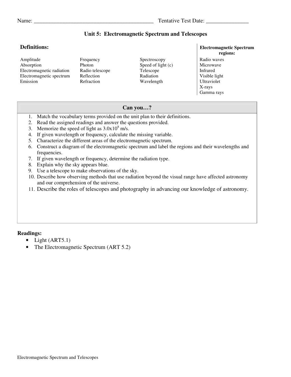 Electromagnetic Spectrum And Telescopes Worksheet Answers