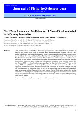 Short Term Survival and Tag Retention of Gizzard Shad