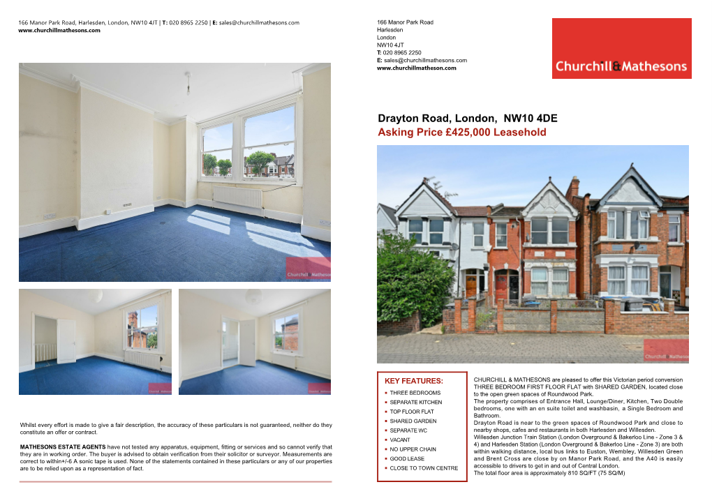 Drayton Road, London, NW10 4DE Asking Price £425,000 Leasehold