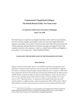 Selections from the Conference, "Communism's Negotiated Collapse: the Polish Round Table Ten Years Later"