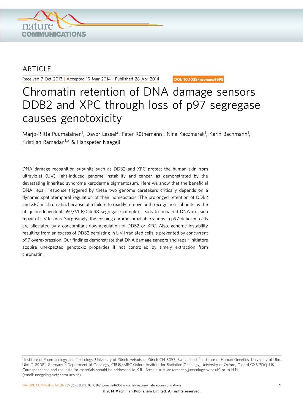 Chromatin Retention of DNA Damage Sensors DDB2 and XPC Through Loss of P97 Segregase Causes Genotoxicity