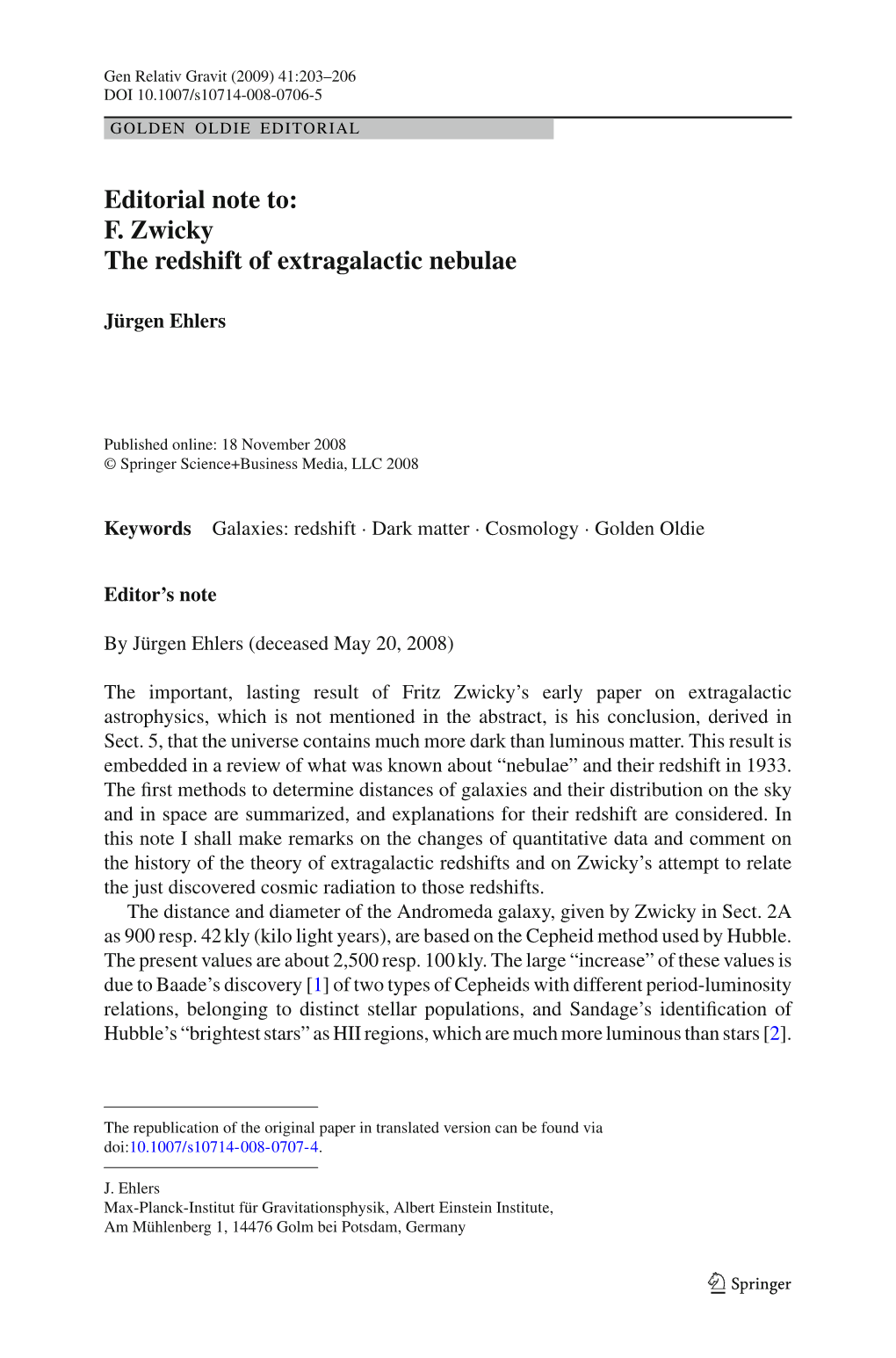 Editorial Note To: F. Zwicky the Redshift of Extragalactic Nebulae