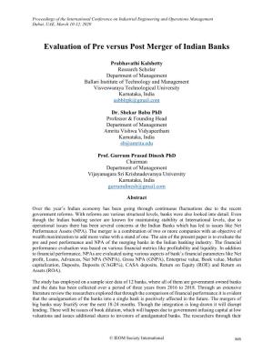 Evaluation of Pre Versus Post Merger of Indian Banks