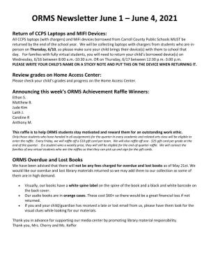 ORMS Newsletter June 1 – June 4, 2021