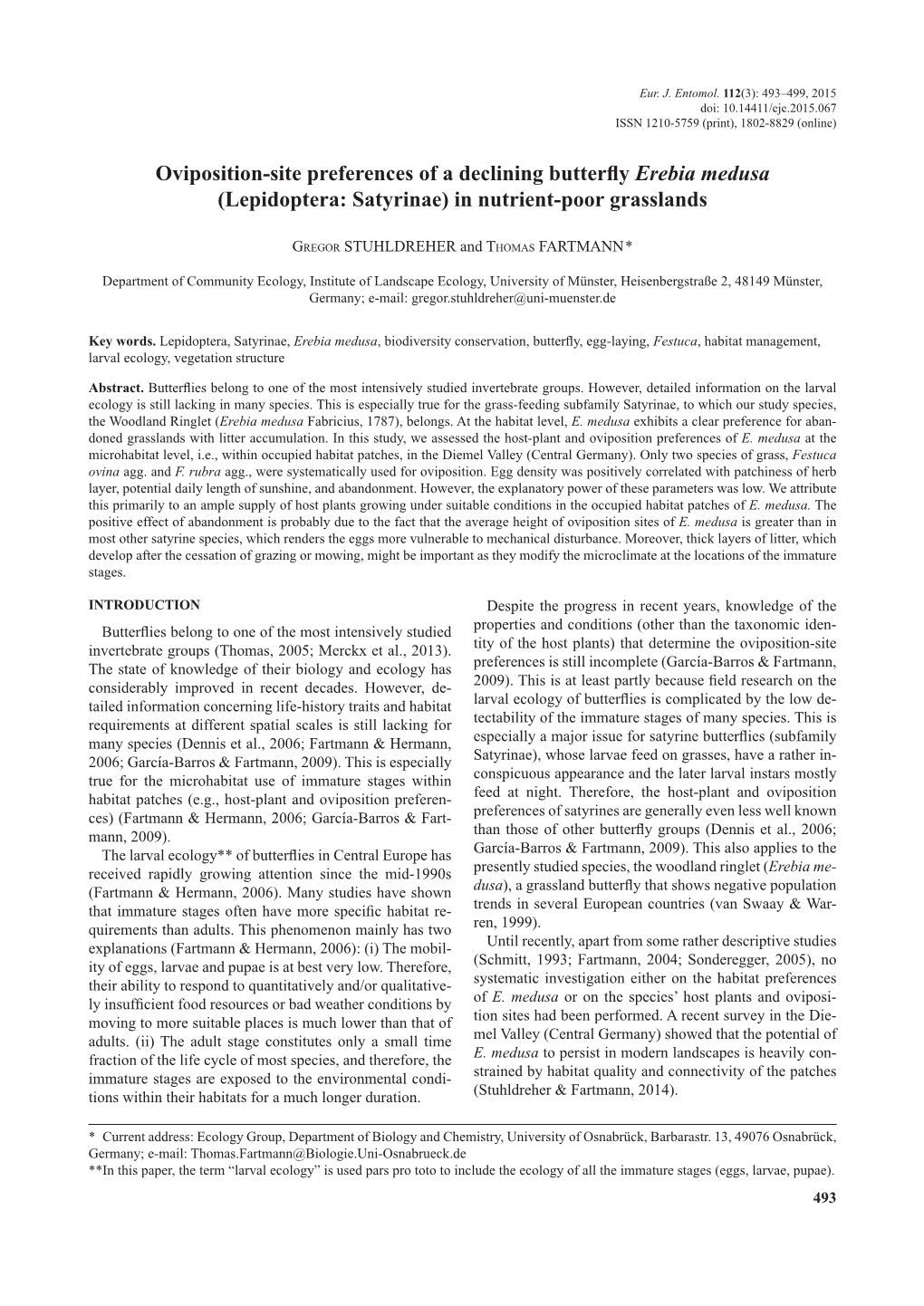 Oviposition-Site Preferences of a Declining Butterfly Erebia Medusa (Lepidoptera: Satyrinae) in Nutrient-Poor Grasslands