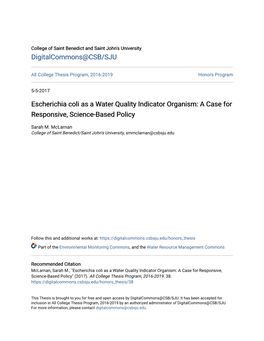 Escherichia Coli As a Water Quality Indicator Organism: a Case for Responsive, Science-Based Policy