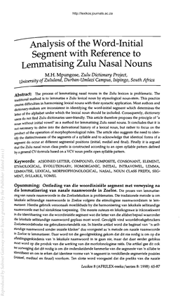Analysis of the Word-Initial Segment with Reference to Lemmatising Zulu Nasal Nouns M.H