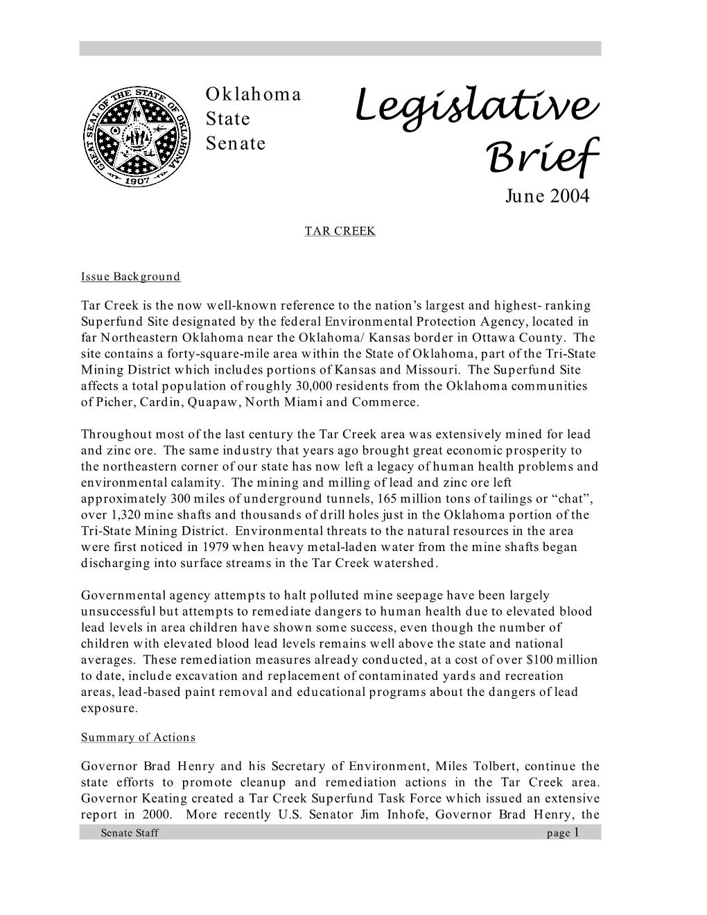 2004 Legislative Briefs / Tar Creek