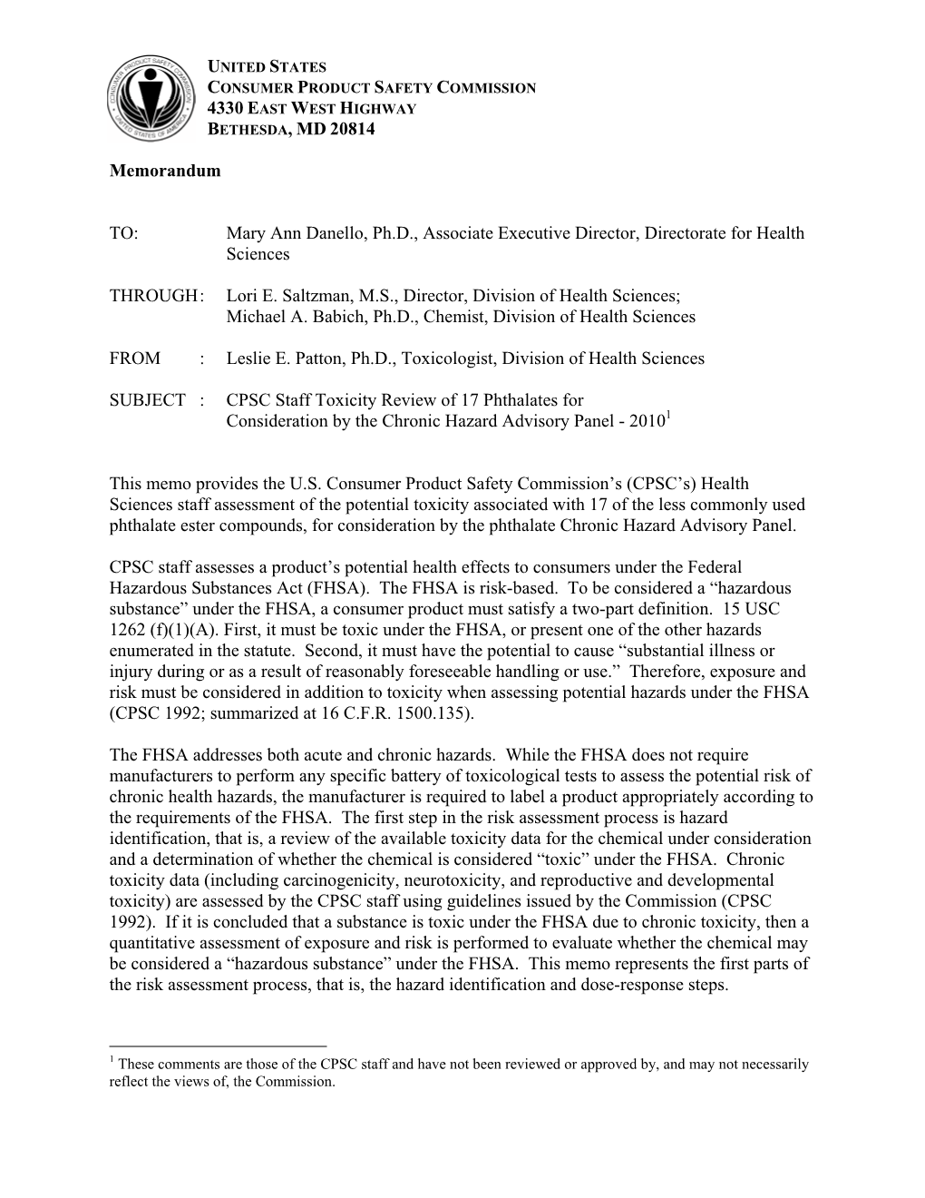 CPSC Staff Toxicity Review of 17 Phthalates for Consideration by the Chronic Hazard Advisory Panel - 20101