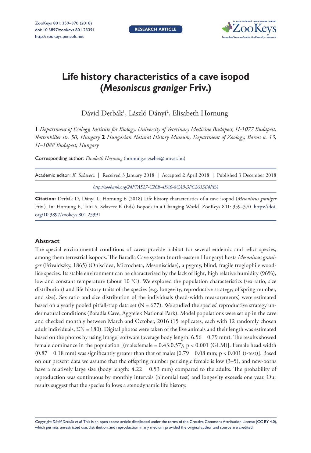 Life History Characteristics of a Cave Isopod (Mesoniscus Graniger Friv.)