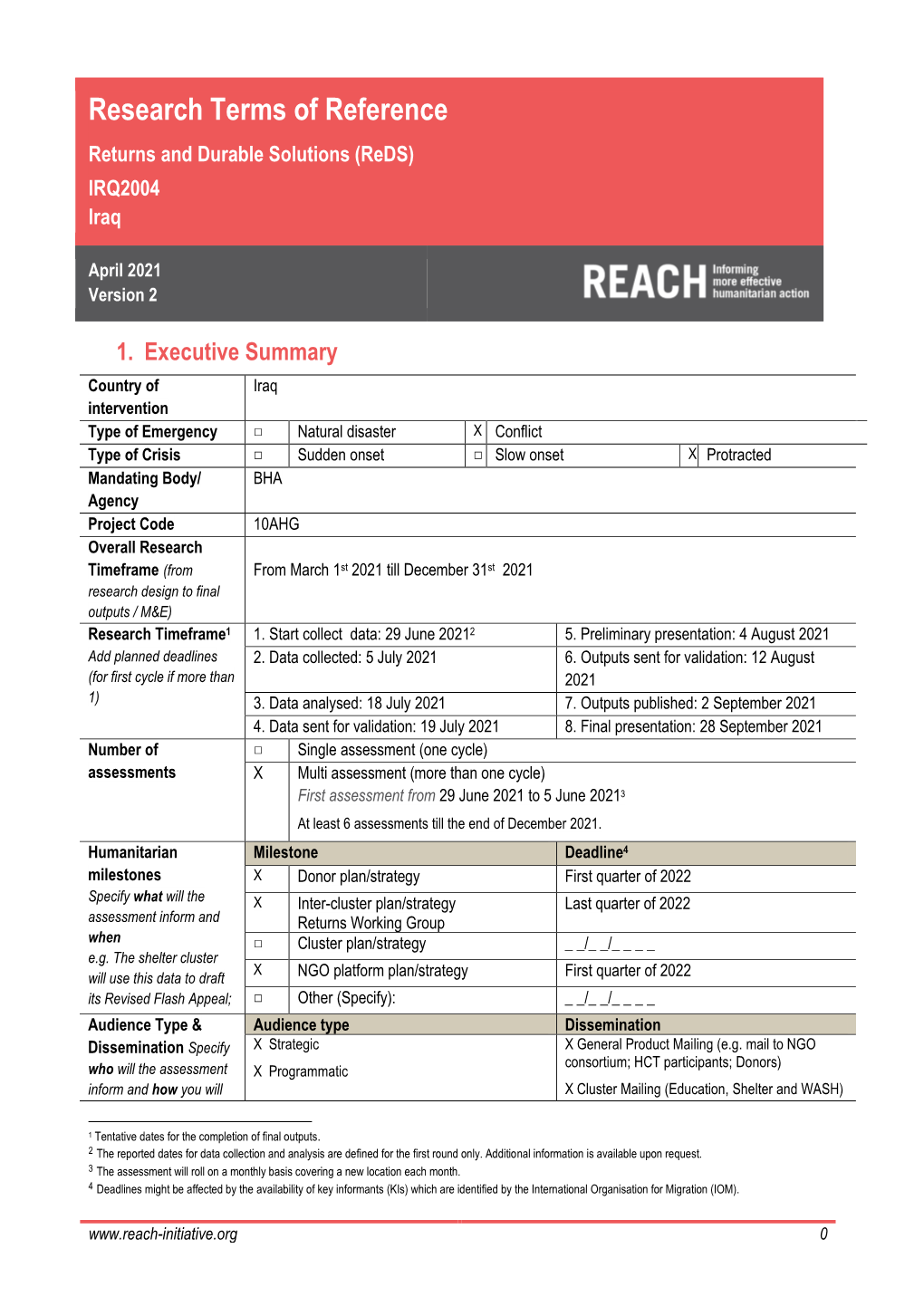 Research Terms of Reference Returns and Durable Solutions (Reds) IRQ2004 Iraq