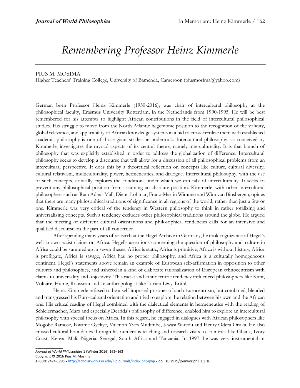 Remembering Professor Heinz Kimmerle