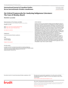 On Critical Frameworks for Analyzing Indigenous Literature: the Case of Monkey Beach Michèle Lacombe