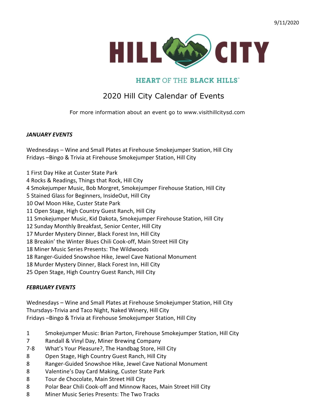 2020 Hill City Calendar of Events