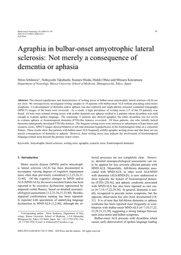Agraphia in Bulbar-Onset Amyotrophic Lateral Sclerosis: Not Merely a Consequence of Dementia Or Aphasia