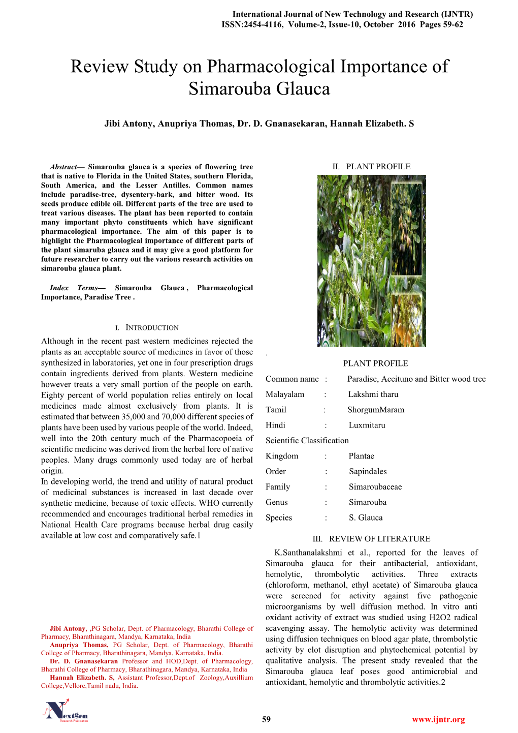 Review Study on Pharmacological Importance of Simarouba Glauca