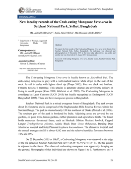 New Locality Records of the Crab-Eating Mongoose Urva Urva in Satchari National Park, Sylhet, Bangladesh