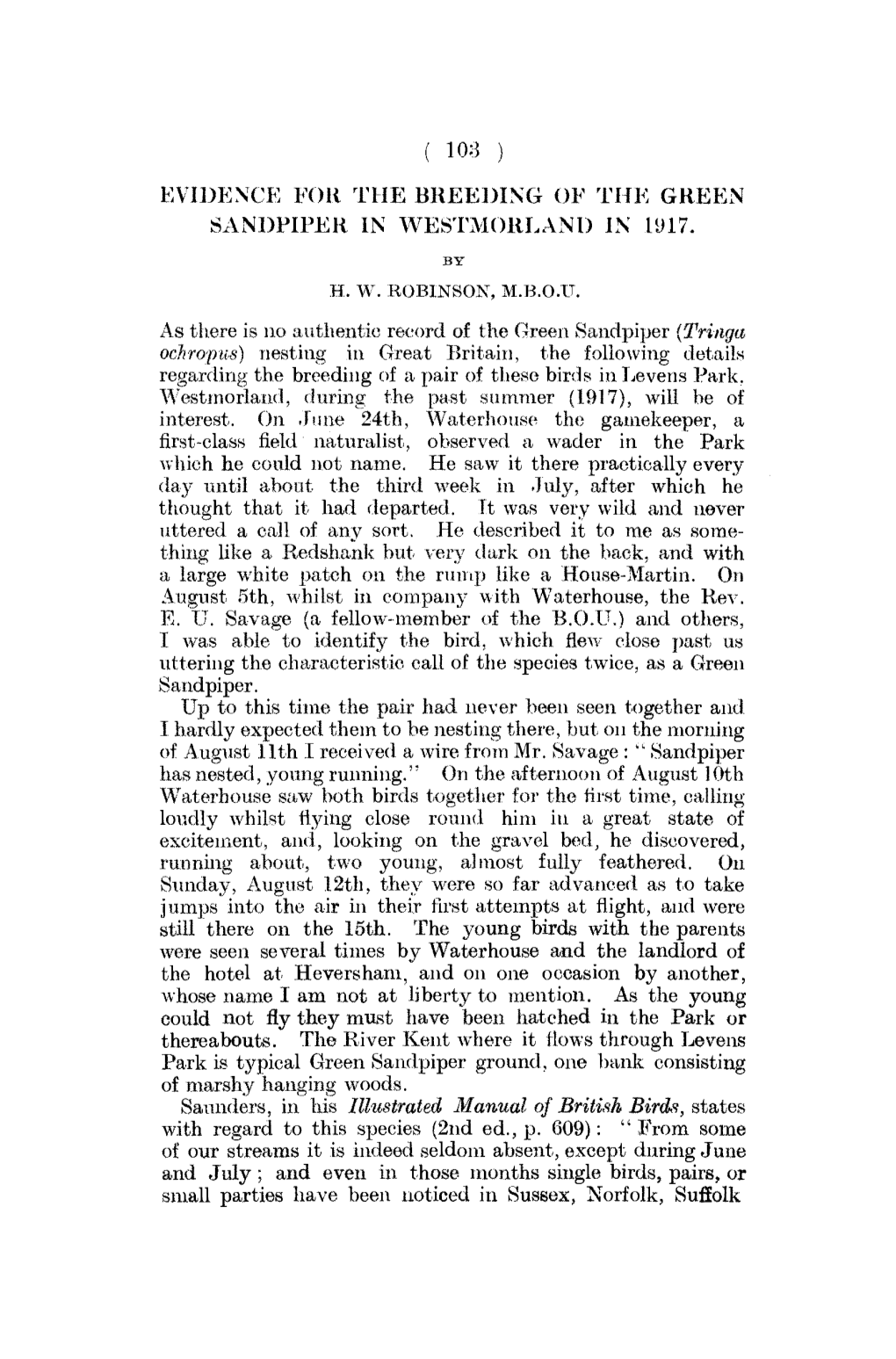 ( 103 ) Evidence for the Breeding of the Green Sandpiper in Westmorland in 1917