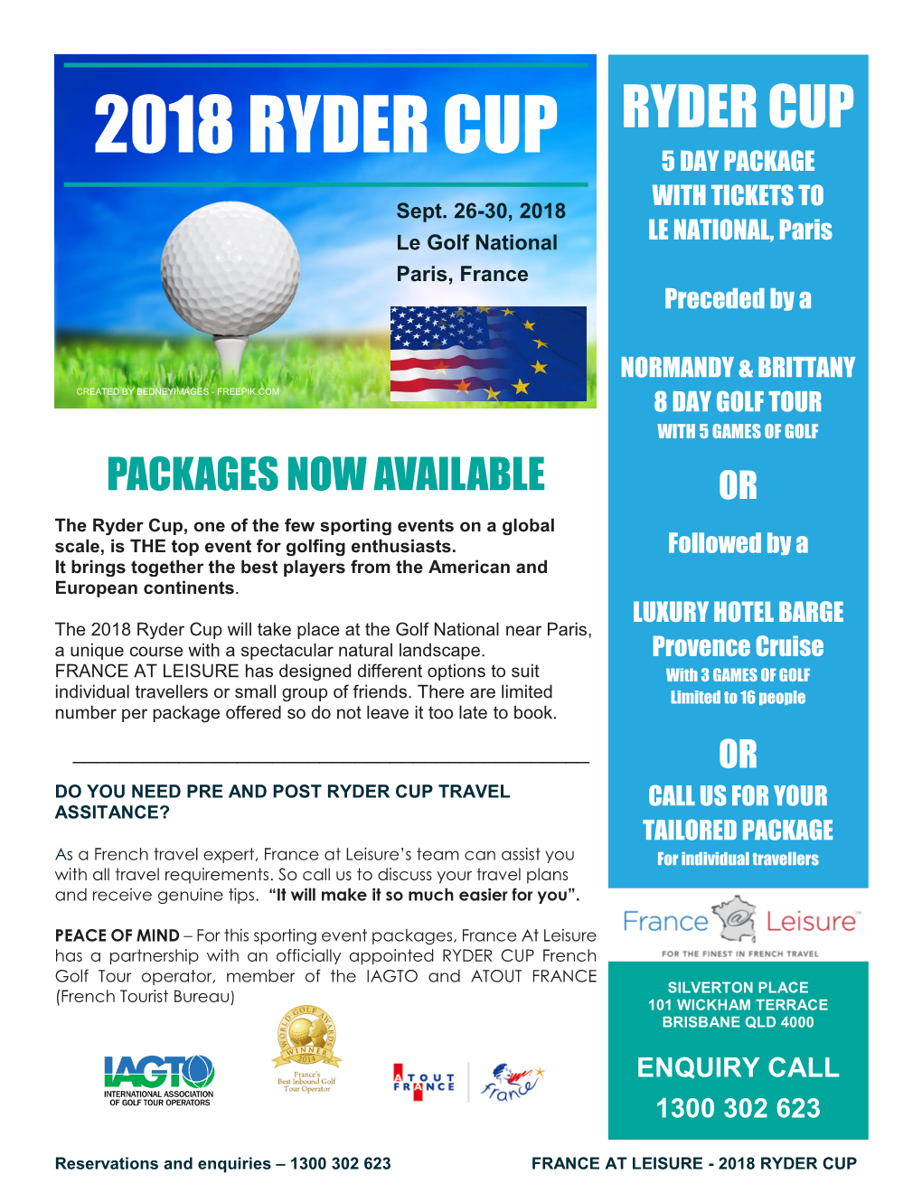 2018 RYDER CUP RYDER CUP 5 DAY PACKAGE with TICKETS to Sept