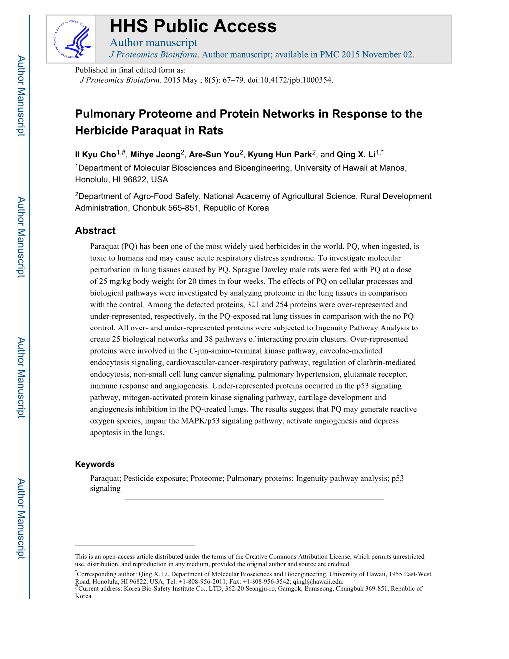 Pulmonary Proteome and Protein Networks in Response to the Herbicide Paraquat in Rats