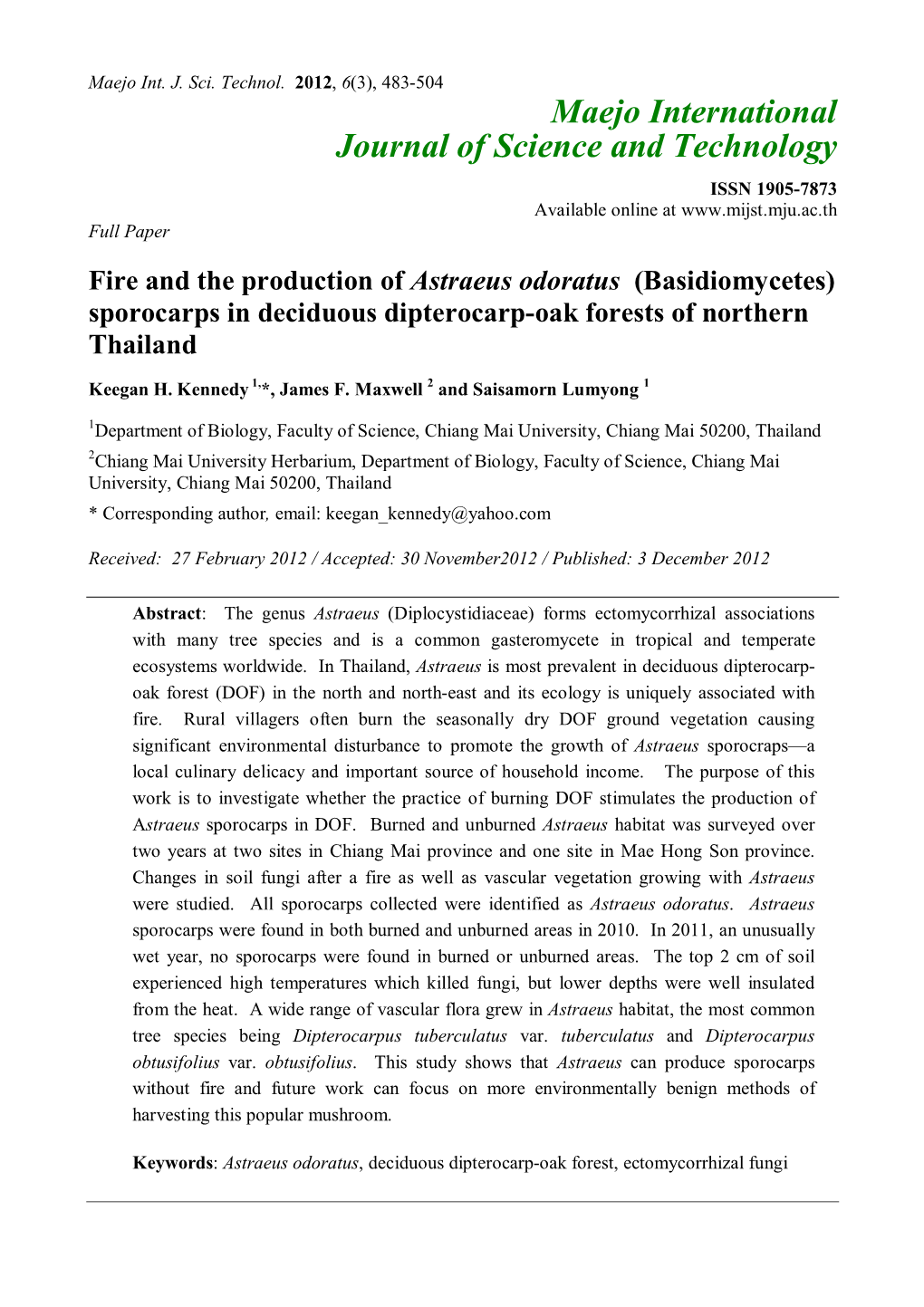 Fire and the Production of Astraeus Odoratus (Basidiomycetes) Sporocarps in Deciduous Dipterocarp-Oak Forests of Northern Thailand