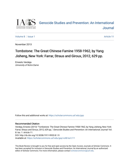 Tombstone: the Great Chinese Famine 1958-1962, by Yang Jisheng, New York: Farrar, Straus and Giroux, 2012, 629 Pp