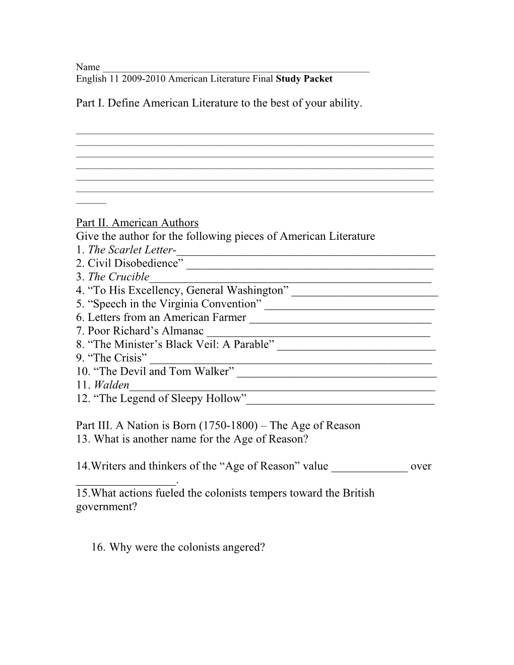 English 11 2009-2010 American Literature Final Study Packet