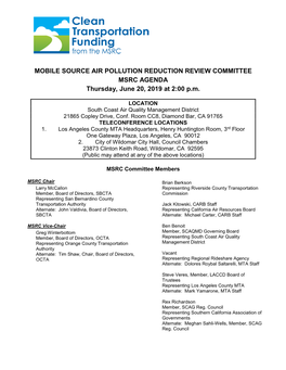 MOBILE SOURCE AIR POLLUTION REDUCTION REVIEW COMMITTEE MSRC AGENDA Thursday, June 20, 2019 at 2:00 P.M