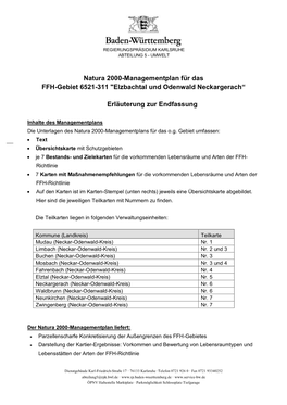 Natura 2000-Managementplan Für Das FFH-Gebiet 6521-311 "Elzbachtal Und Odenwald Neckargerach“