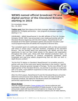 WEWS Named Official Broadcast TV and Digital Partner of the Cleveland Browns Starting in 2015