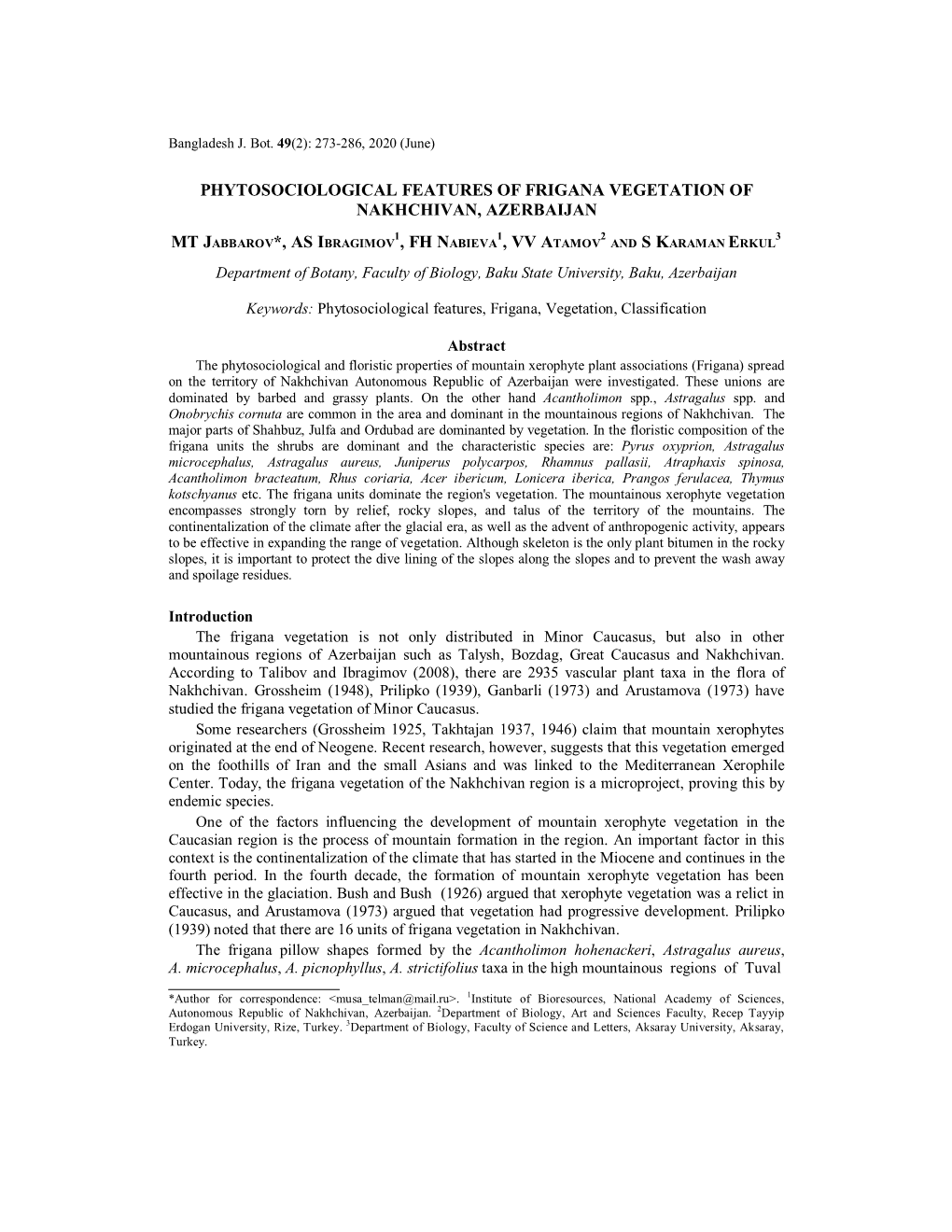 Phytosociological Features of Frigana Vegetation of Nakhchivan, Azerbaijan