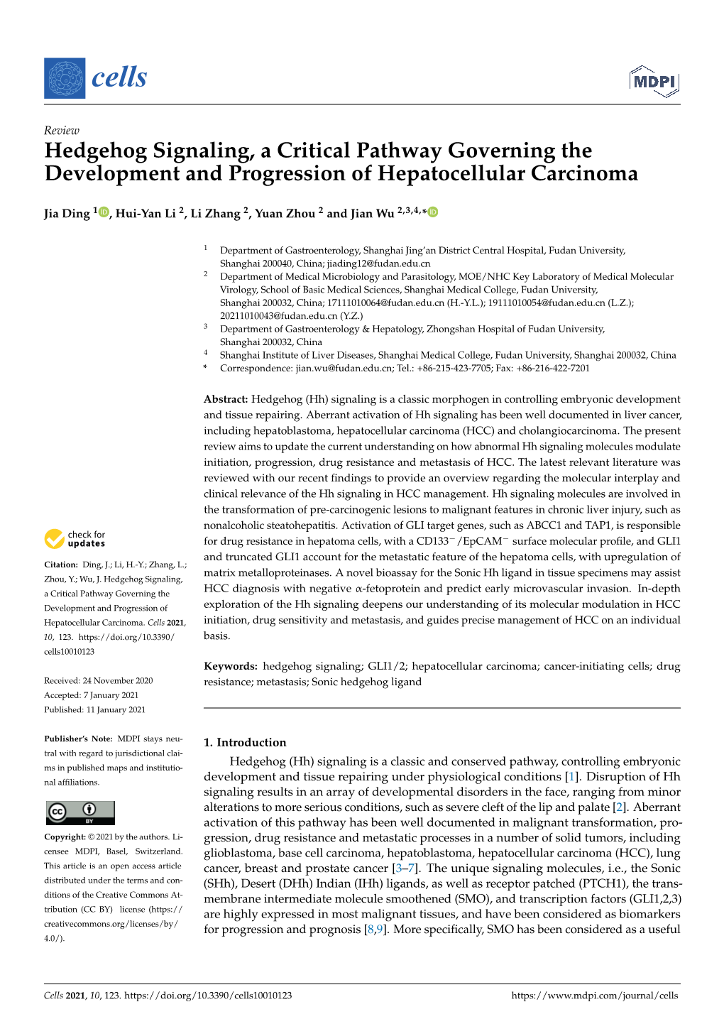 Hedgehog Signaling, a Critical Pathway Governing the Development and Progression of Hepatocellular Carcinoma