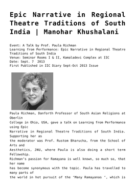 Epic Narrative in Regional Theatre Traditions of South India | Manohar Khushalani