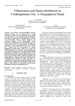 Urbanisation and Slums Distribution in Visakhapatnam City- a Geographical Study