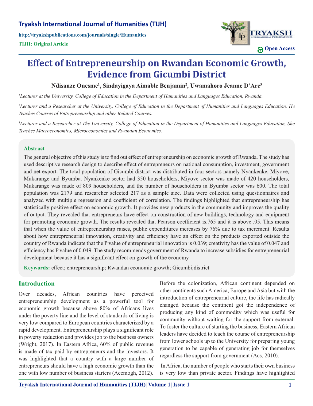 Effect of Entrepreneurship on Rwandan Economic Growth