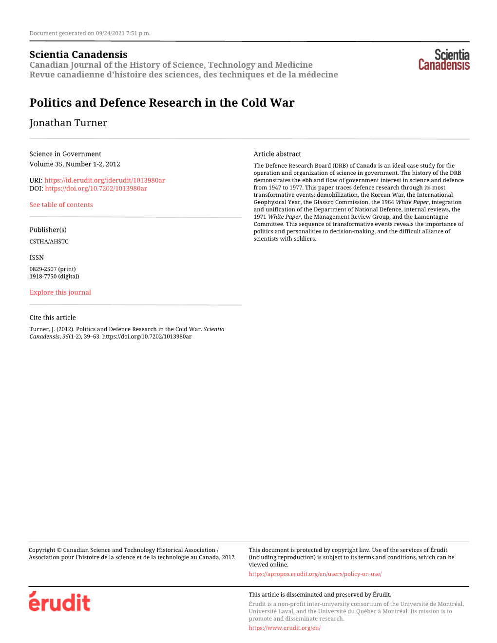 Politics and Defence Research in the Cold War Jonathan Turner