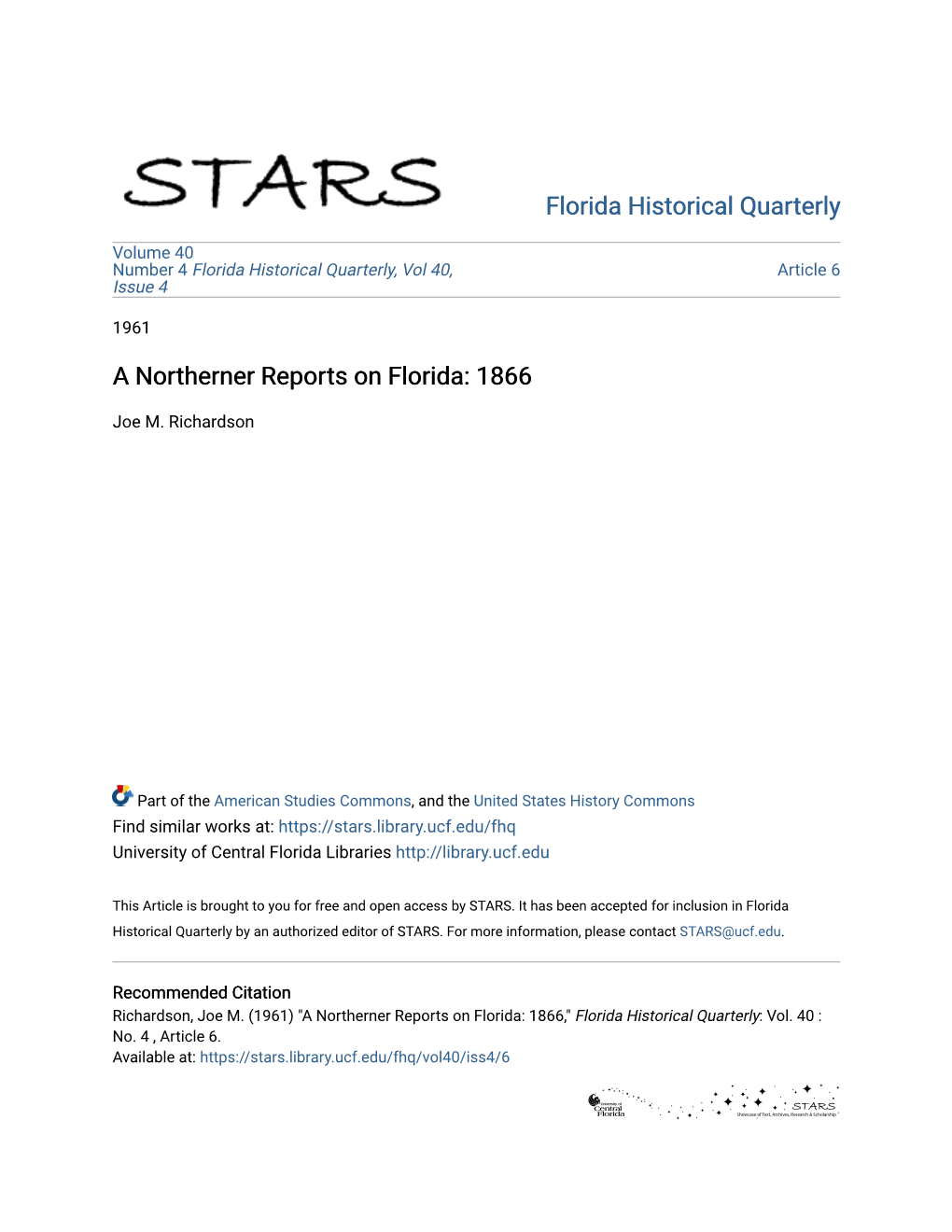 A Northerner Reports on Florida: 1866