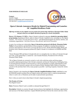 Opera Colorado Announces Details for Digital Programming and Launches OC Amplified Resilience Fund