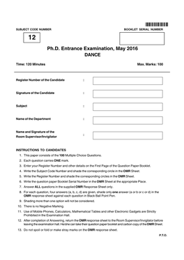 Ph.D. Entrance Examination, May 2016 DANCE