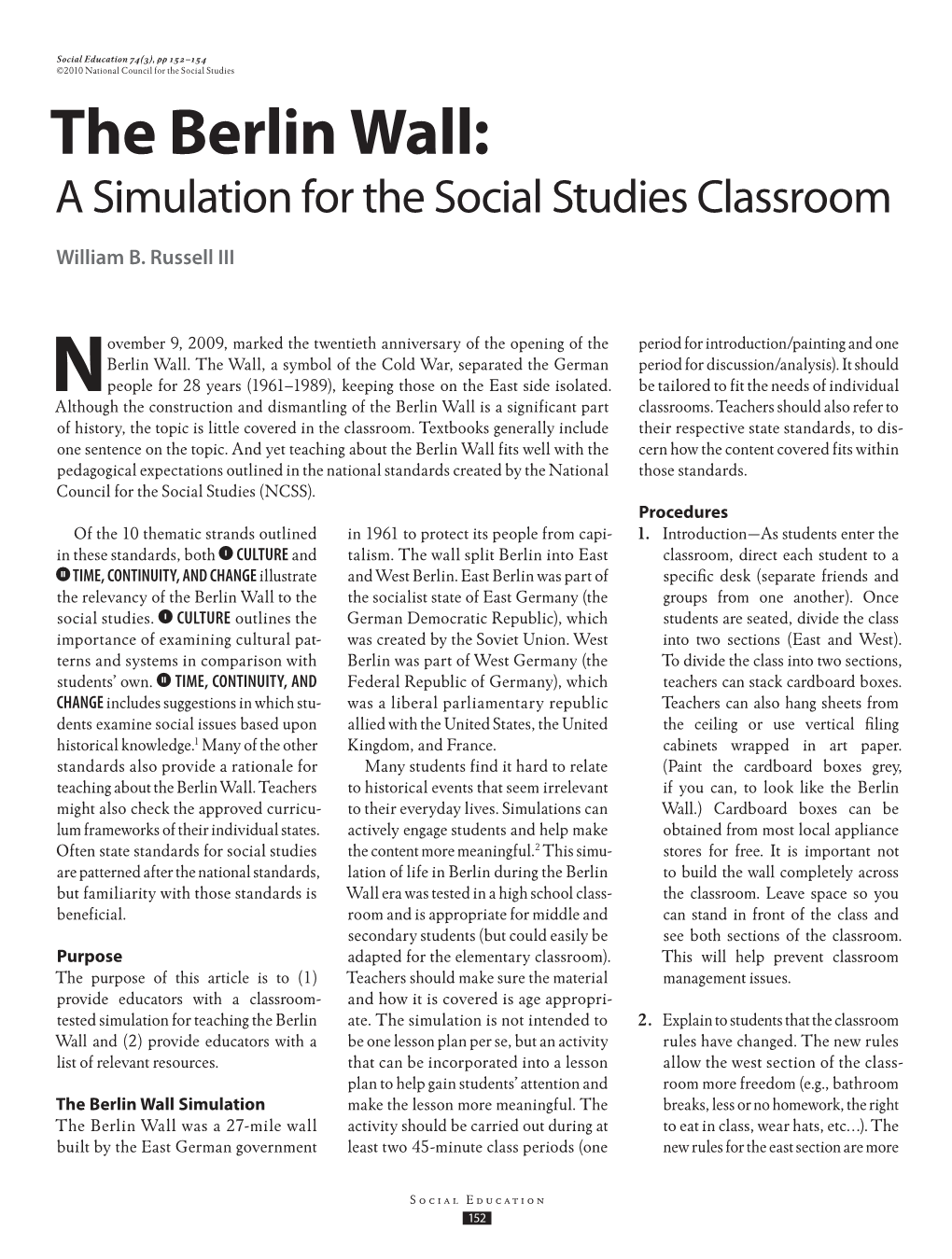 The Berlin Wall: a Simulation for the Social Studies Classroom